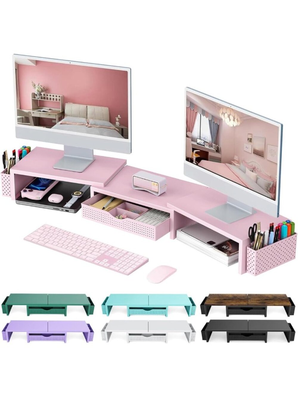 Dual Monitor Stand Riser with Drawer & 2 Pen Holders - Adjustable Desk Organizer